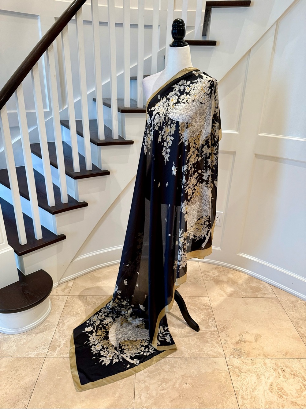 Vintage Silk Chinoiserie Bird & Floral Scarf, 72" x 36"